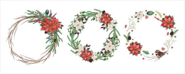 Set Watercolor Christmas floral frame or winter floral wreath consisting of flowers, leaves and branches. Frame vignette with a bouquet of flowers. Crown and Arch. Suitable for holiday invitation card