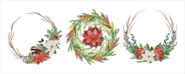 Set Watercolor Christmas floral frame or winter floral wreath consisting of flowers, leaves and branches. Frame vignette with a bouquet of flowers. Crown and Arch. Suitable for holiday invitation card