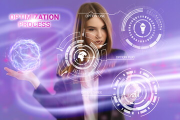 Business, Technology, Internet and network concept. Young businessman working on a virtual screen of the future and sees the inscription: Optimization process