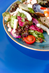 Salad with squid cherry tomatoes, mussels and couscous on blue water background