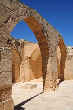 Necm Castle is located on the bank of the Euphrates River. The castle was built in the 100th year before Christ. Historical building ruins near the castle. Manbij, Syria.
