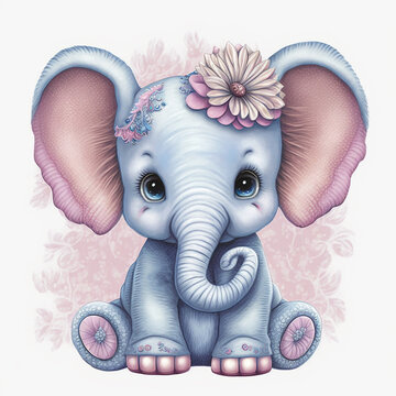 Boho Baby Animal Illustration, Cute Watercolour  Elephant, Animals for kindergarten, Nursery Decoration, Kawaii Style, Pastel colours baby animal, Illustration for children