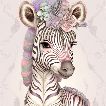 Boho Baby Animal Illustration, Cute Watercolour  Zebra, Animals for kindergarten, Nursery Decoration, Kawaii Style, Pastel colours baby animal, Illustration for children