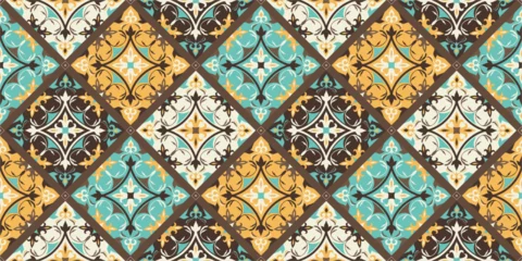 Foto auf Acrylglas Geometric Azulejo tile vector pattern, Portuguese or Spanish retro old tiles mosaic, Mediterranean seamless turquoise and yellow design. Ornamental textile background © Любовь Овсянникова