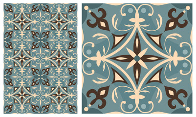 Seamless colorful patchwork tile with Islam, Arabic, Indian, ottoman motifs. Majolica pottery tile. Portuguese and Spain azulejo. Ceramic tile in talavera style. Vector illustration.