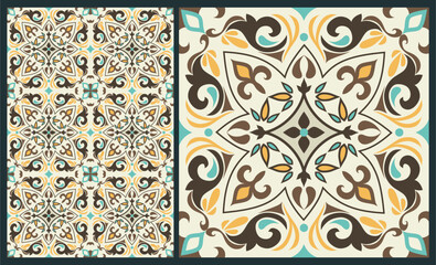 Seamless colorful patchwork tile with Islam, Arabic, Indian, ottoman motifs. Majolica pottery tile. Portuguese and Spain azulejo. Ceramic tile in talavera style. Vector illustration.