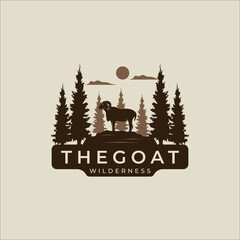 goat at nature forest logo vector vintage illustration template icon graphic design. animal sign or symbol for business livestock and ranch or wildlife wilderness concept - obrazy, fototapety, plakaty