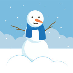snowman stands under snowfall