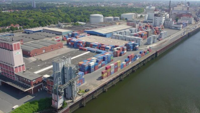 Aerial View Of Container Terminal At The Port On Weser River In Bremen, Germany.