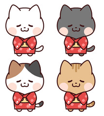 赤の着物を着てお辞儀する猫セット