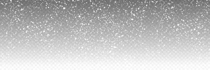 Panorama view falling snow. Snowstorm and blizzard. Snowflakes isolated on transparent background.