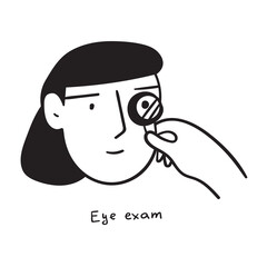 Young woman. Eye exam. Outline vector icon.
