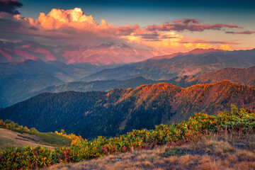 Majestic sunrise in Caucasus mountains. Stunning outdoor scene of Upper Svaneti, Georgia, Europe. Beauty of nature concept background.