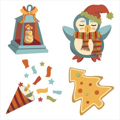 set of new year vector penguin in santa hat gingerbread in the form of fir tree clapperboard christmas new year