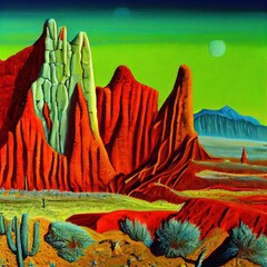 Scorching hot sun and dry surreal oil painting of Arizona desert valley of death. Cactus succulent plants, hills and rock formation cliffs - vibrant color arid wilderness landscape.