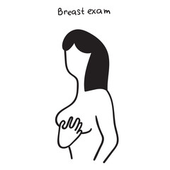 Women health concept. Breast exam. Hand drawn vector outline icon on white background.