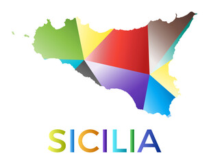 Bright colored Sicilia shape. Multicolor geometric style island logo. Modern trendy design. Trendy vector illustration.