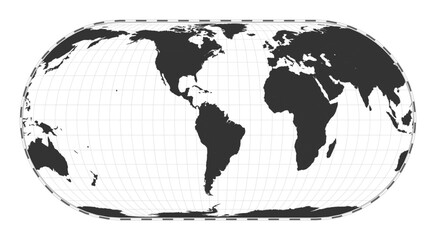 Vector world map. Herbert Hufnagel's pseudocylindrical equal-area projection. Plan world geographical map with latitude/longitude lines. Centered to 60deg E longitude. Vector illustration. © Eugene Ga