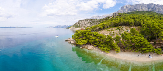 Beautiful panorama of Plaža za pse Ramova or Krvavica beach with turquoise water Croatia in summer - obrazy, fototapety, plakaty