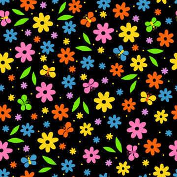 Cute pattern with simple flowers and butterflies. Seamless kids pattern