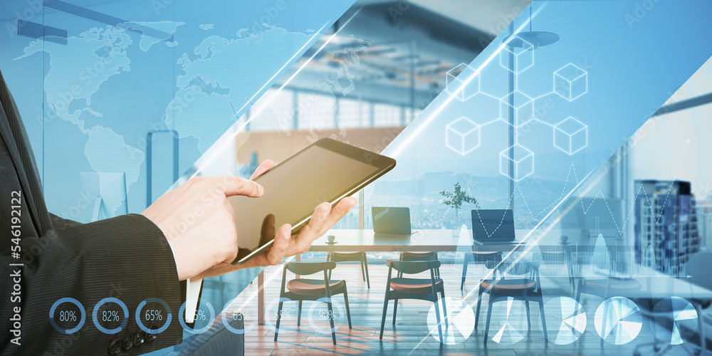 Aufkleber close up of businessman hand pointing at tablet with creative image of abstract double exposure city