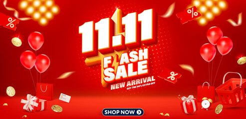 11.11 3D Flash sale banner template design for web or social media.
