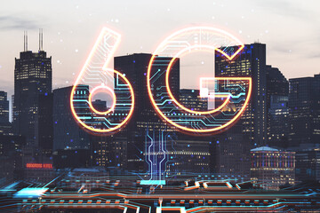 Future technologies and wireless internet concept with digital 6G sign on city skyscrapers background, double exposure
