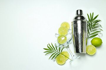Concept of preparing cocktail, shaker, space for text