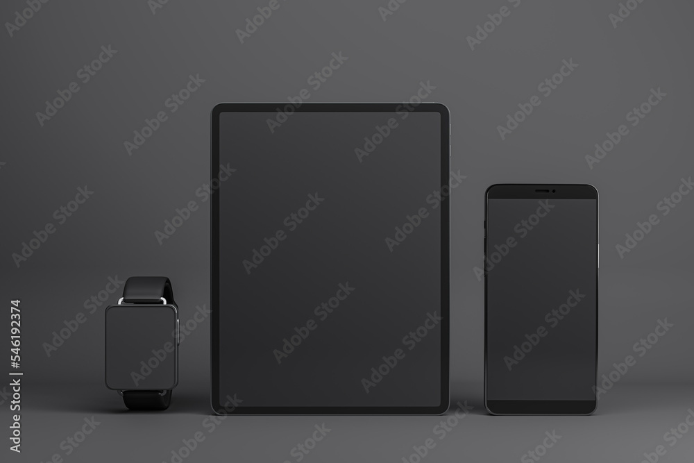 Poster front view on blank black modern devices screens with place for your logo or text, smart watches, di