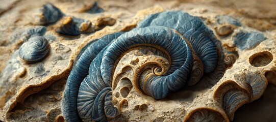 Ammonite sea shell spirals and sandstone rock. Curved layers and detailed blue surface fossil texture patterns - macro closeup background resource.  
