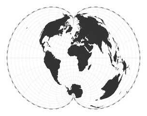 Vector world map in American polyconic projection. Geographical map with latitude and longitude lines, centered at 0 degrees longitude.