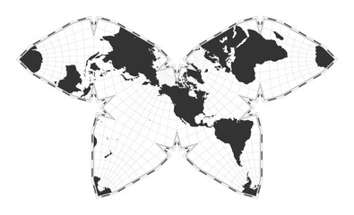 Vector world map. Steve Waterman's butterfly projection. Plan world geographical map with latitude/longitude lines. Centered to 120deg E longitude. Vector illustration.