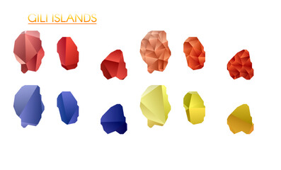 Set of vector polygonal maps of Gili Islands. Bright gradient map of island in low poly style. Multicolored Gili Islands map in geometric style for your infographics. Trendy vector illustration.