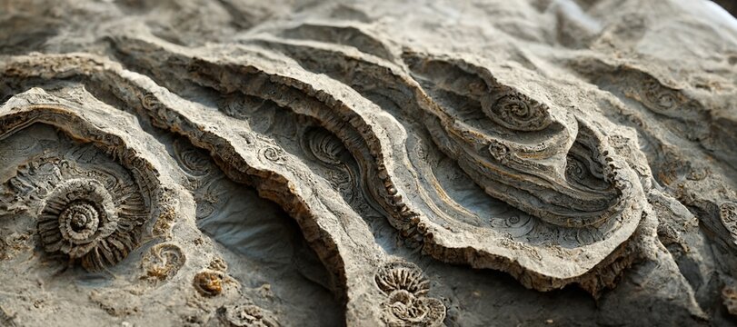 Ammonite sea shell spirals and sandstone rock. Curved layers and detailed blue surface fossil texture patterns - macro closeup background resource.  