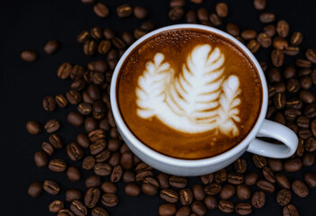 Top view creatived latte art coffee in coffee mug at coffee shop, Coffee Latte Art concept
