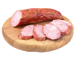 Sliced smoked sausage on brown wooden round board, slices, isolated on transparent background