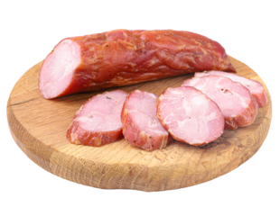 Sliced smoked sausage on brown wooden round board, slices, isolated on transparent background