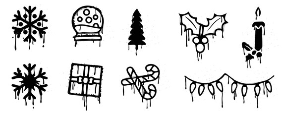 Set of christmas elements spray paint vector. Graffiti, grunge elements of pine tree, snowflake, crystal snowball, holly, gift on white background. Design illustration for decoration, card, sticker.