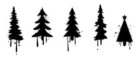 Set of christmas elements spray paint vector. Graffiti, grunge, silhouette elements of christmas trees, pine trees isolated on white background. Design illustration for decoration, card, sticker.