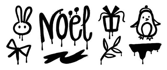 Set of christmas elements black spray paint vector. Graffiti, grunge elements of rabbit, penguin, present, bow, abstract shape on white background. Design illustration for decoration, card, sticker.