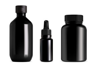Black glass medical bottle set. Supplement container blank for apothecary product. Realistic serum or oil dropper vial with pipette cap. Remedy syrup jar mockup, template for label and logo