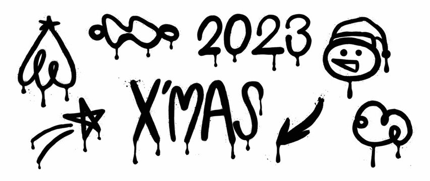 Set of christmas and new year 2023 elements black spray paint vector. Graffiti, grunge elements of snowman, star, abstract shape on white background. Design illustration for decoration, card, sticker.