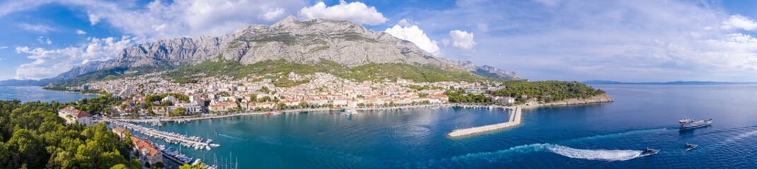 Fototapeta na wymiar Makarska. Tourist city of Makarska waterfront aerial view, Dalmatia archipelago of Croatia