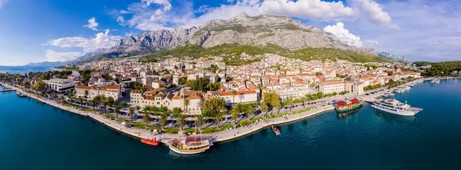 Fotobehang Makarska. Tourist city of Makarska waterfront aerial view, Dalmatia archipelago of Croatia © Sebastian