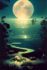 Fototapeta na wymiar A small moon hidden in oasis at night, Another giant moon reflecting, bioluminescent plants dim lit underwater. Fantasy Fairy-tale Art Background. For AD, WEB, UI, Game, Novel, Poster.