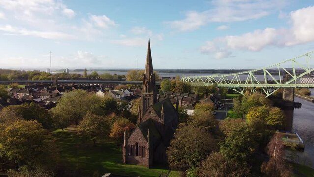 Old town Runcorn All saints church in suburban residential district aerial view