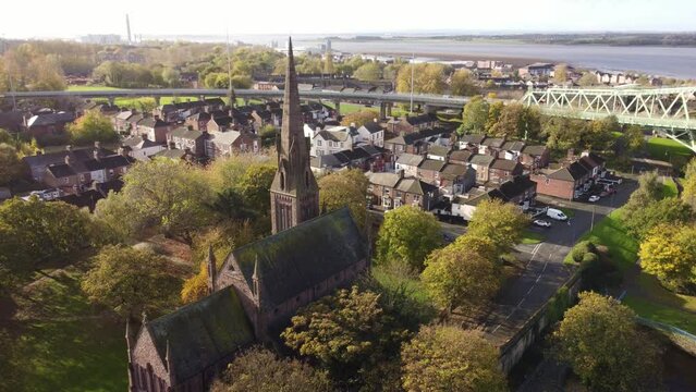 Old town Runcorn All saints church in suburban residential district aerial view