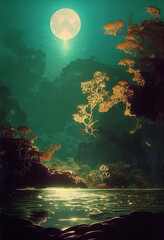 A small moon hidden in oasis at night, Another giant moon reflecting, bioluminescent plants dim lit underwater. Fantasy Fairy-tale Art Background. For AD, WEB, UI, Game, Novel, Poster.