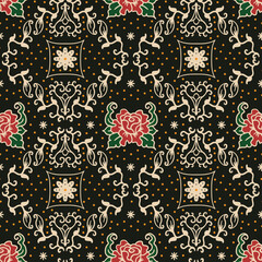 Rose and Jasmine Indonesia Batik Design Flower Seamless Pattern Vector 
in black, white, red with dots detail Perfect for printed fabric, clothes, 
houseware, bags, scraf, and accessories