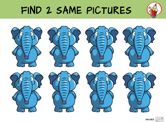 Funny little elephants. Find two same pictures